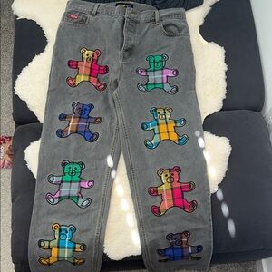 Teddy Fresh Gray Pants with Colorful Bear Patches NWOT